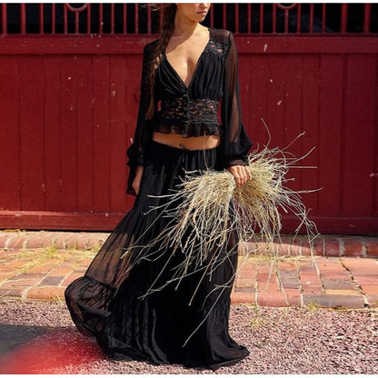 Bell Sleeve V-Neck Ruffled Blouse and Tiered Maxi Skirt Set