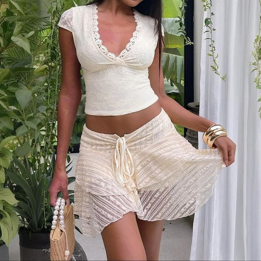 Cap Sleeve V-Neck Lace Slim-Fit Crop Top