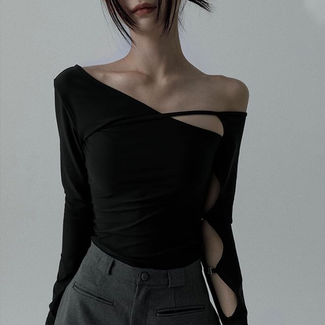 One Shoulder Cutout Top with Long Sleeves