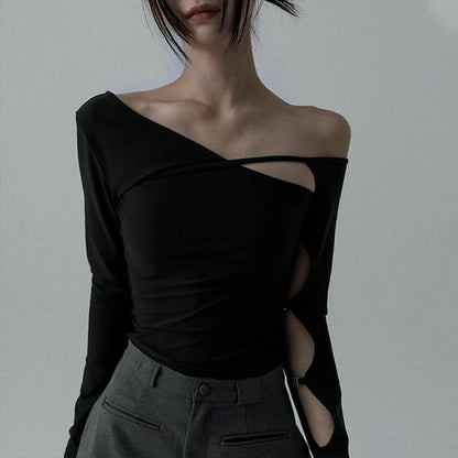 One Shoulder Cutout Top with Long Sleeves
