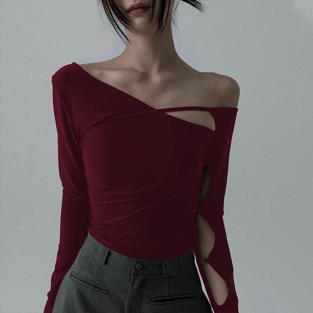 One Shoulder Cutout Top with Long Sleeves