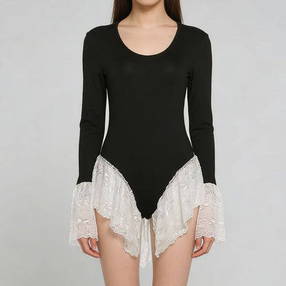 Bell Sleeve Lace Bodysuit with Ruffle Panel