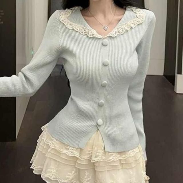 Long-Sleeve Split Neck Lace Trim Slit Knit Top