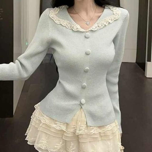 Long-Sleeve Split Neck Lace Trim Slit Knit Top