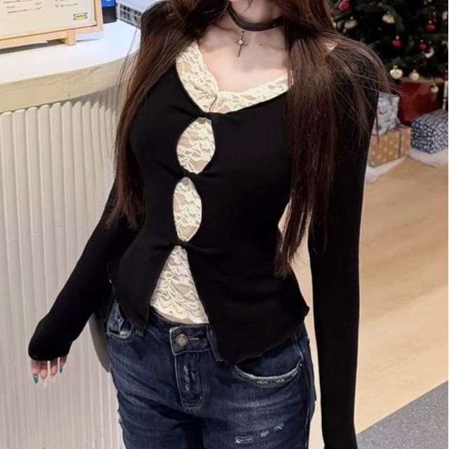 Mock Two-Piece Long-Sleeve V-Neck Lace Panel Cutout Slit Crop Top