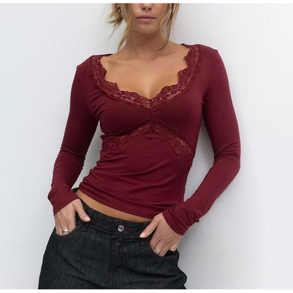 Long Sleeve V-Neck Lace-Trim Plain Slim-Fit Crop Top