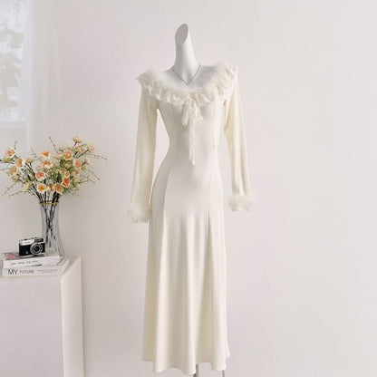 Long-Sleeve Off Shoulder Ruffle Plain Maxi A-Line Dress