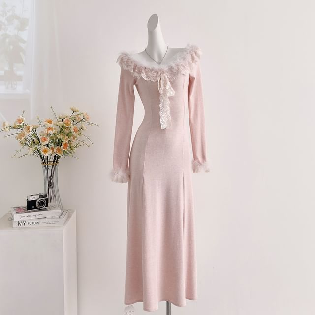 Long-Sleeve Off Shoulder Ruffle Plain Maxi A-Line Dress