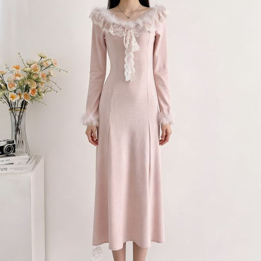 Long-Sleeve Off Shoulder Ruffle Plain Maxi A-Line Dress