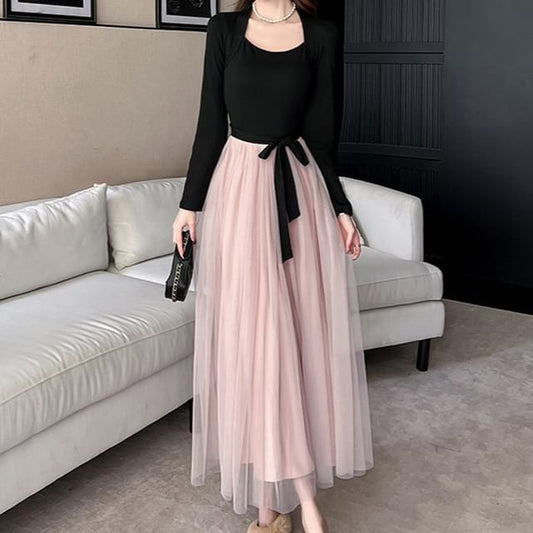 Long-Sleeve Queen Anne Neckline Mesh Maxi A-Line Dress