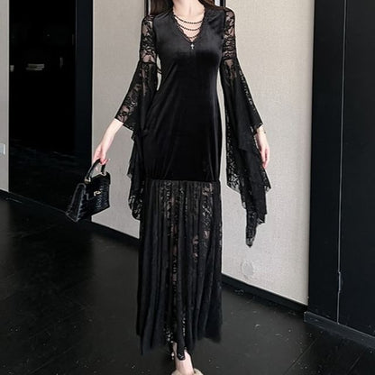 Flare-Sleeve V-Neck Lace Maxi Sheath Dress
