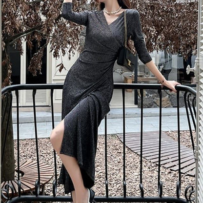 Long-Sleeve V-Neck Plain Maxi Sheath Dress