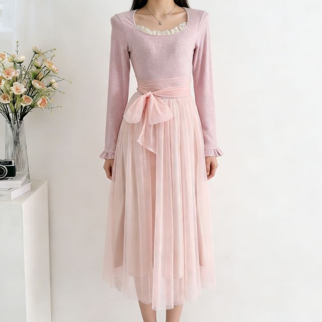 Long-Sleeve Square Neck Mesh Panel Maxi A-Line Dress