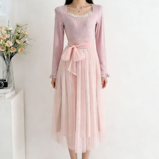 Long-Sleeve Square Neck Mesh Panel Maxi A-Line Dress