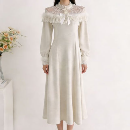 Long-Sleeve Mesh Panel Maxi A-Line Dress