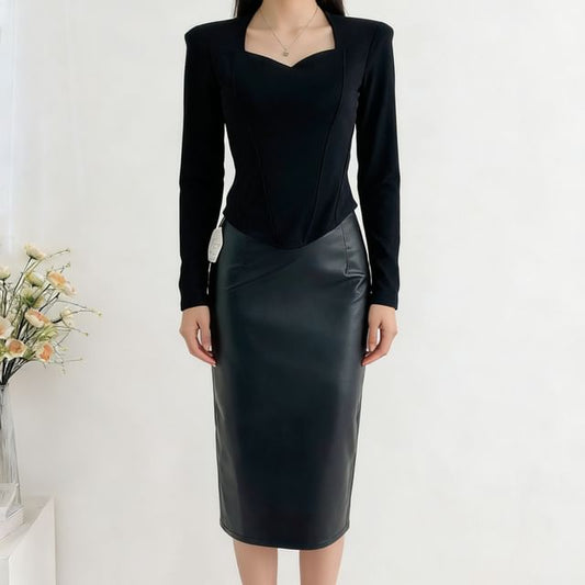 V-Neck Crop Top and Faux Leather Maxi Skirt Set