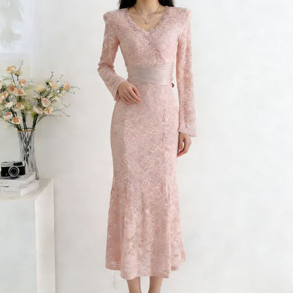 Long-Sleeve V-Neck Lace Maxi A-Line Dress