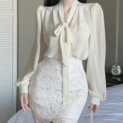 Long-Sleeve Sheer Tie-Neck Blouse & Lace Pencil Mini Skirt