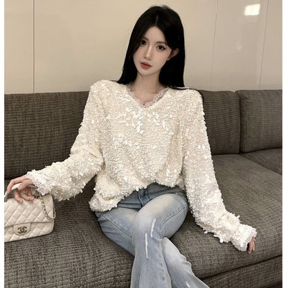 Sequin Fringe Lace V-Neck Long Sleeve Blouse