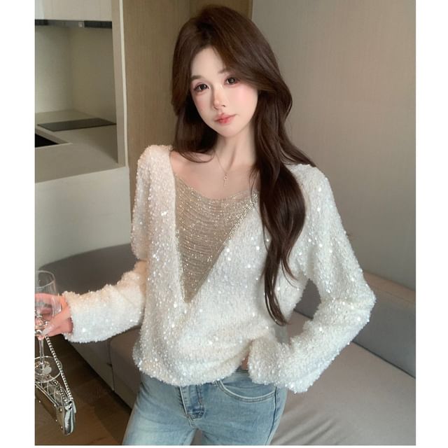 Sequin Chain Knit V-Neck Long Sleeve Top