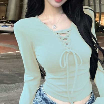 Long-Sleeve V-Neck Lace-Up Plain Slim Fit Crop Top