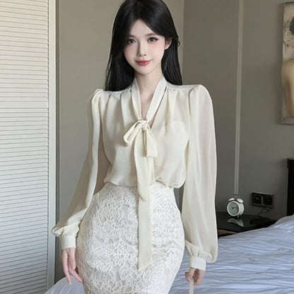 Long-Sleeve Sheer Tie-Neck Blouse & Lace Pencil Mini Skirt