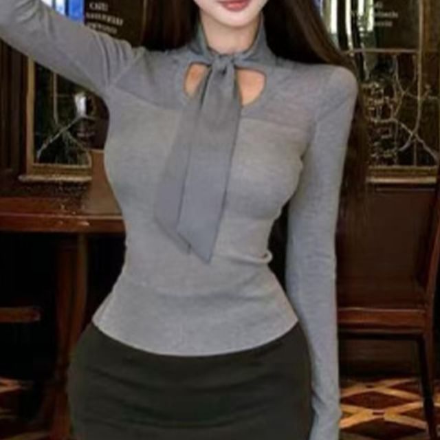 Sheer Panel Slim Knit Top & High-Waist Pencil Mini Skirt