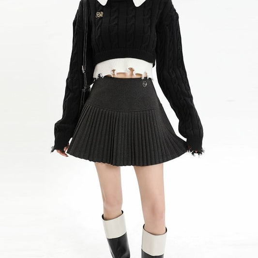 High-Waist Pleated Solid A-Line Mini Skirt