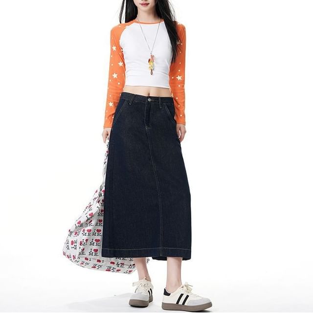 Unwashed Denim A-Line Midi Skirt - Mid Waist