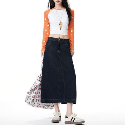 Unwashed Denim A-Line Midi Skirt - Mid Waist