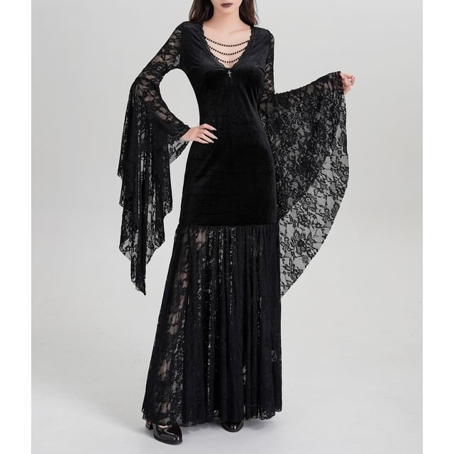 Long-Sleeve V-Neck Lace Panel Chained Velvet Maxi A-Line Dress
