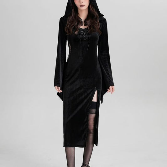 Set: Spaghetti Strap V-Neck Lace Panel Grommet Slit Midi Sheath Dress + Plain Hooded Buckled Shrug