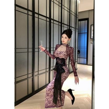 Long-Sleeve Mock Neck Cutout Tie Waist Slit Lace Maxi Sheath Dress