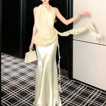 Halter-Neck Ruffled Top with Satin Mermaid Skirt Set