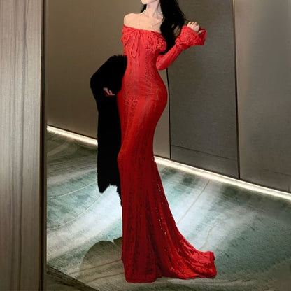 Off-Shoulder Long-Sleeve Drawstring Maxi Lace Mermaid Dress