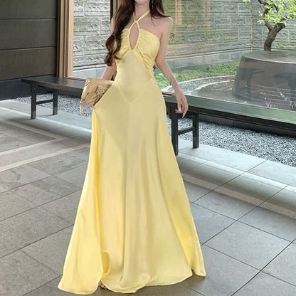 Halter-Neck Plain Shirred Keyhole Plain Maxi A-Line Dress