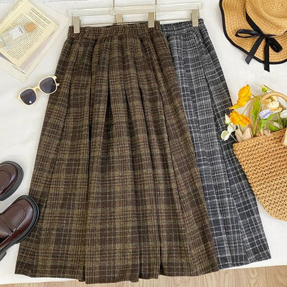 Plaid Pleated A-Line Maxi Skirt