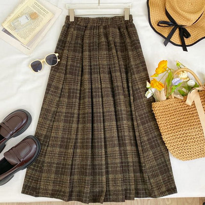 Plaid Pleated A-Line Maxi Skirt