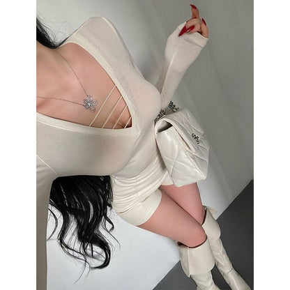 Plunge Neckline Slim-Fit Top with Long Sleeves
