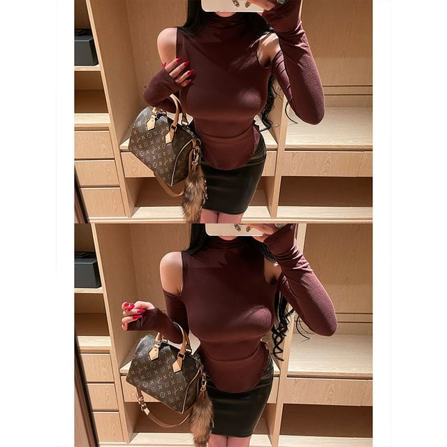 Mock Neck Off-Shoulder Asymmetric Top with Long Sleeves