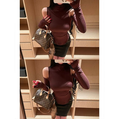 Mock Neck Off-Shoulder Asymmetric Top with Long Sleeves