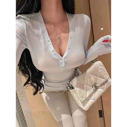 Half-Button V-Neck Slim-Fit Tee with Long Sleeves