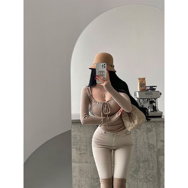 Tie-Front Ribbed Knit Top with Scoop Neck