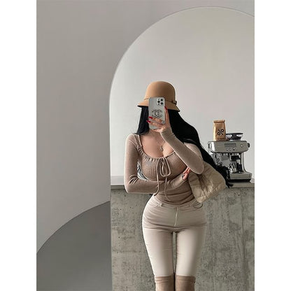 Tie-Front Ribbed Knit Top with Scoop Neck