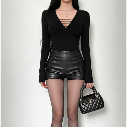 Plunge Neckline Slim-Fit Top with Long Sleeves