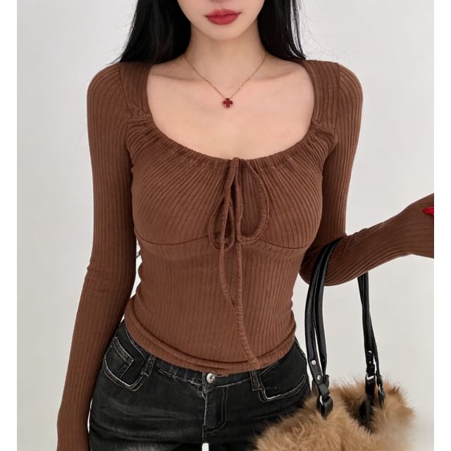 Tie-Front Ribbed Knit Top with Scoop Neck