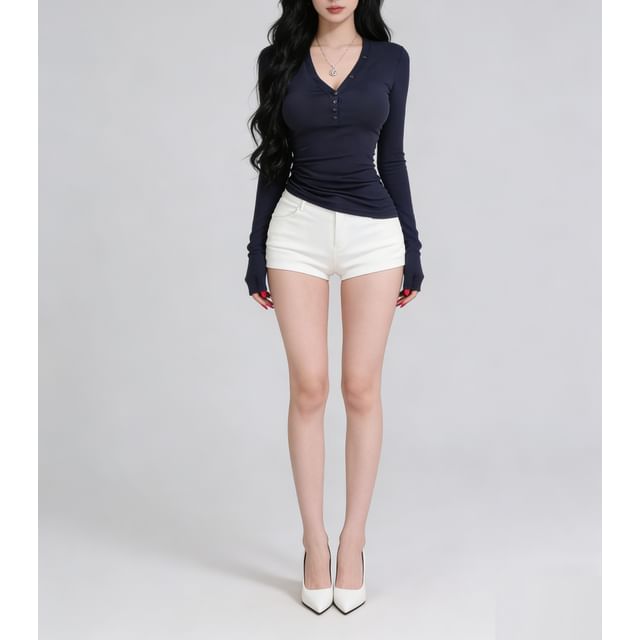 Half-Button V-Neck Slim-Fit Tee with Long Sleeves