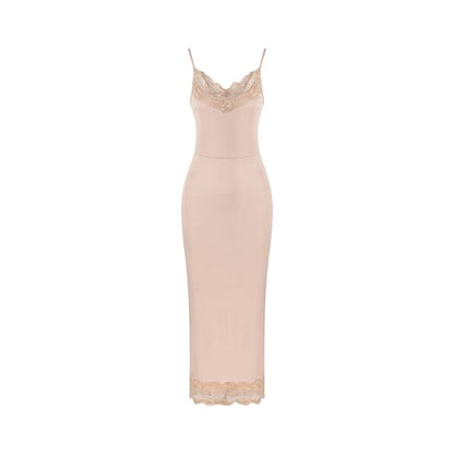 Spaghetti Strap V-Neck Lace Panel Maxi Sheath Dress / Plain Tie Waist Cardigan
