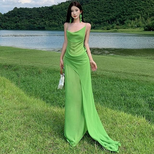 Halter Neck Open Back Trained Plain Maxi A-Line Dress