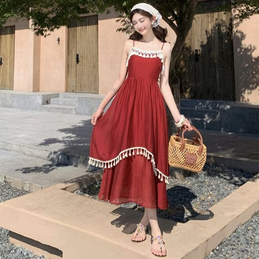 Spaghetti Strap Fringed Maxi A-Line Dress